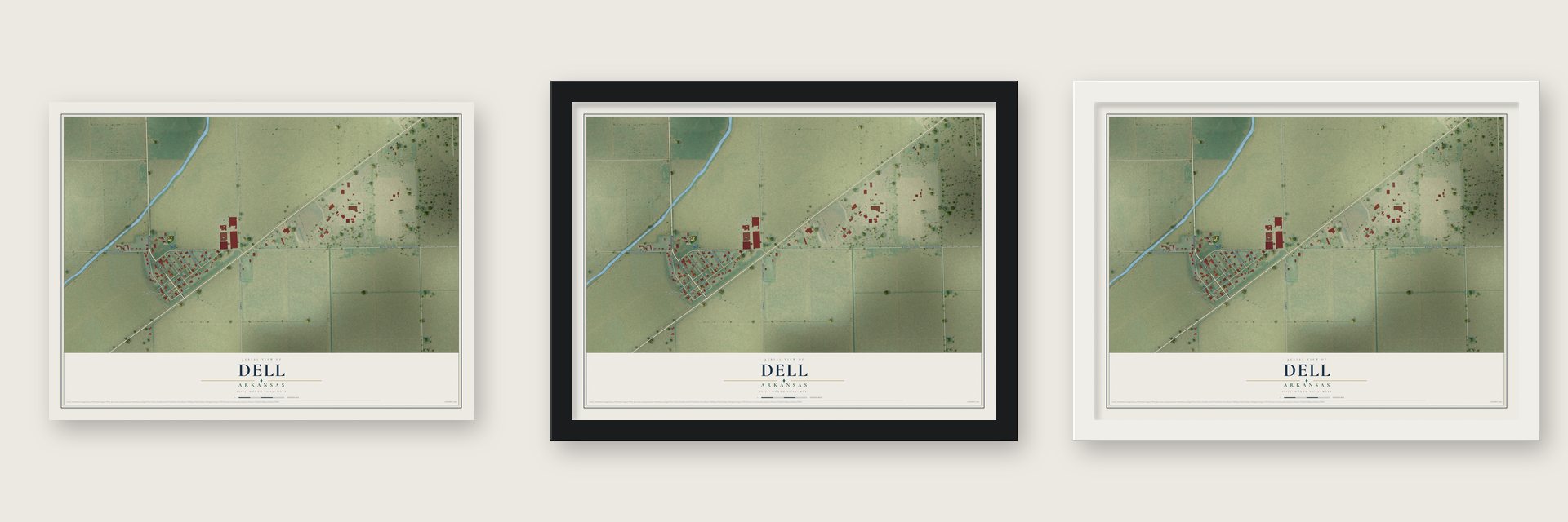 Dell, Arkansas map unframed, in a black wood frame and in a white wood frame