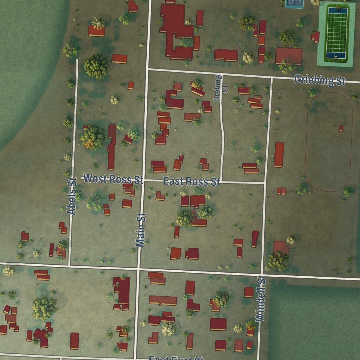 Second close-up of the map of Dell City, Texas print showing more streets and buildings