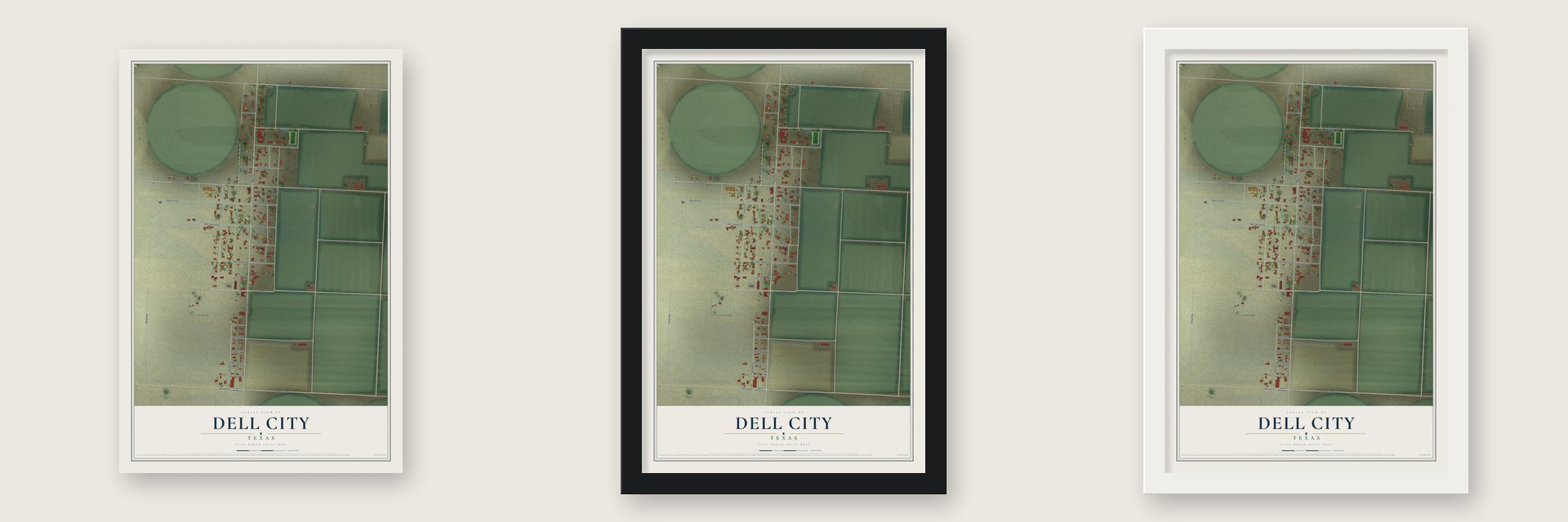 Dell City, Texas map unframed, in a black wood frame and in a white wood frame
