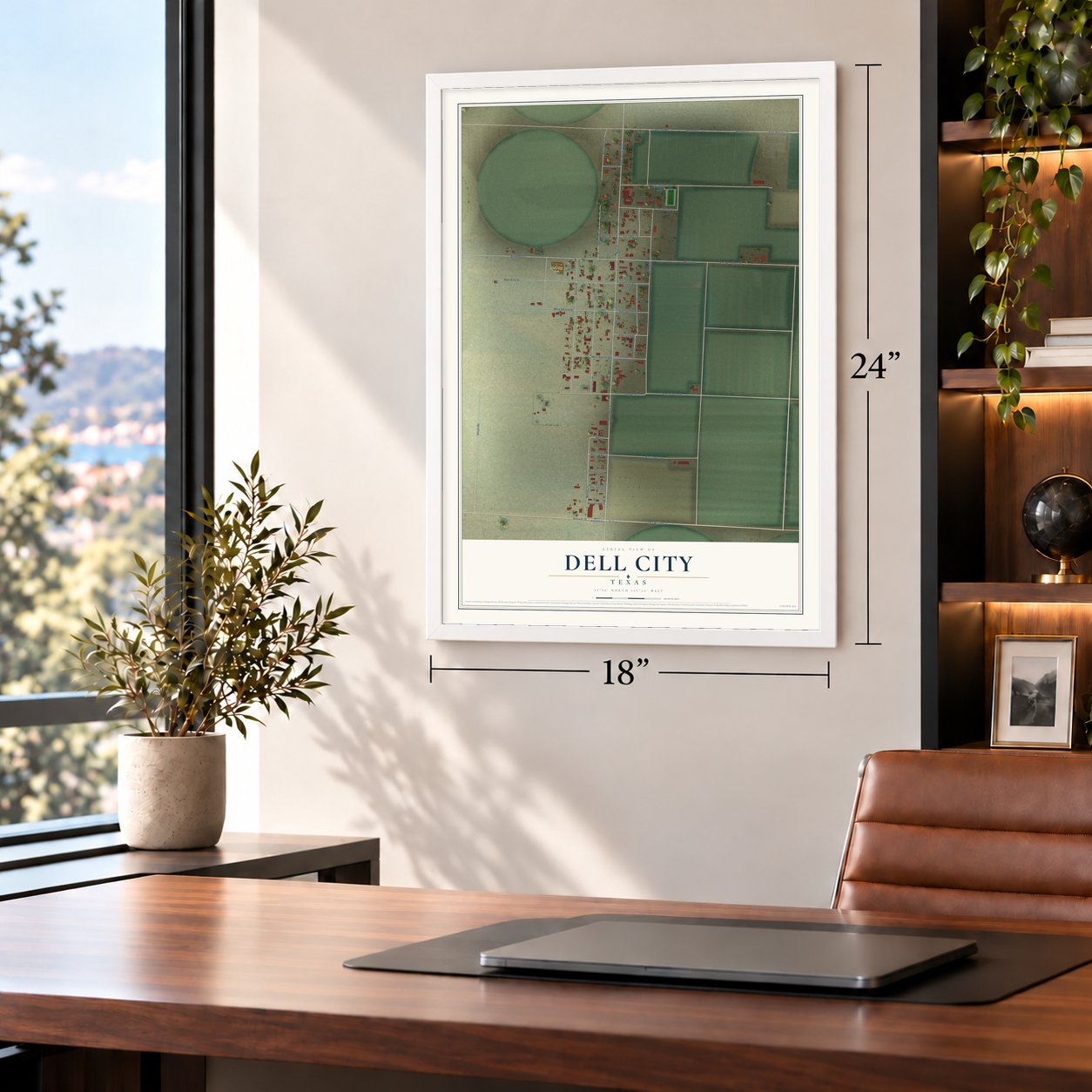 Dell City, Texas map, 18 x 24 inch print in a white frame in a home office