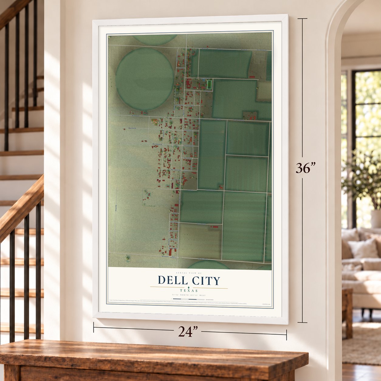Dell City, Texas map, 24 x 36 inch print in a white frame by a staircase