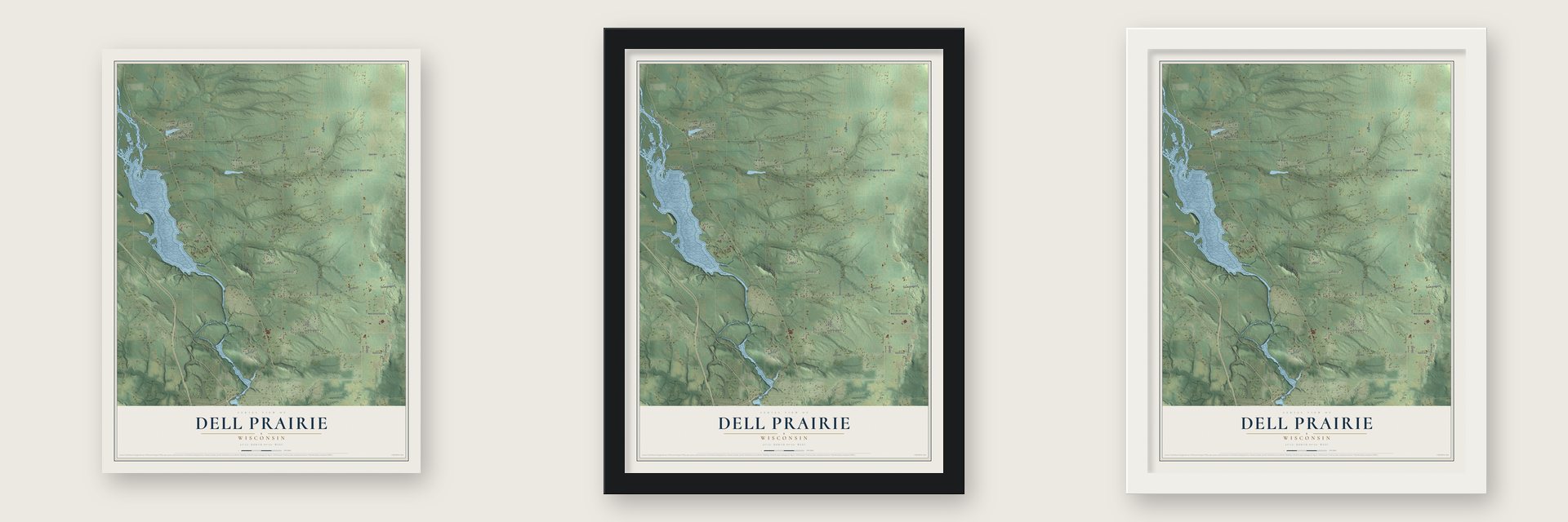 Dell Prairie, Wisconsin map unframed, in a black wood frame and in a white wood frame