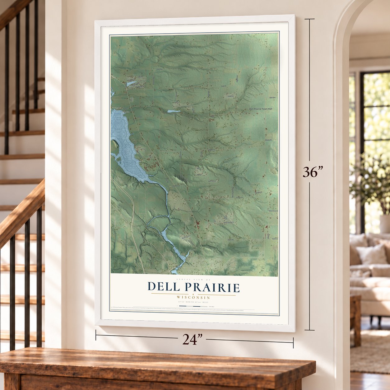 Dell Prairie, Wisconsin map, 24 x 36 inch print in a white frame by a staircase
