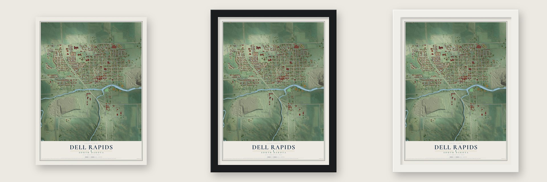 Dell Rapids, South Dakota map unframed, in a black wood frame and in a white wood frame