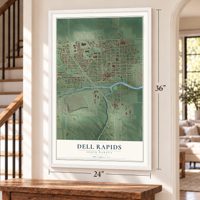 Dell Rapids, South Dakota map, 24 x 36 inch print in a white frame by a staircase