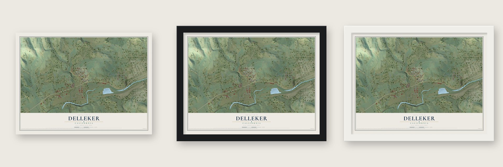 Delleker, California map unframed, in a black wood frame and in a white wood frame