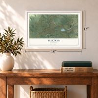Delleker, California map, 12 x 18 inch print in a white frame in an entryway