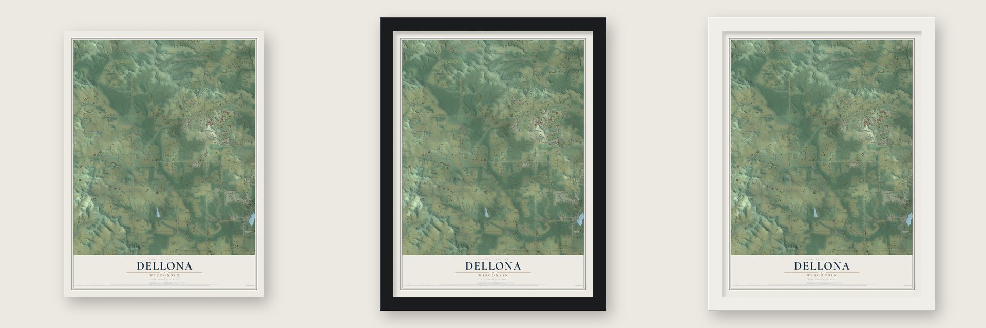 Dellona, Wisconsin map unframed, in a black wood frame and in a white wood frame