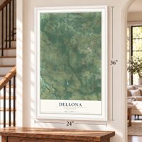 Dellona, Wisconsin map, 24 x 36 inch print in a white frame by a staircase