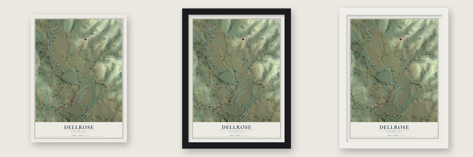 Dellrose, Tennessee map unframed, in a black wood frame and in a white wood frame