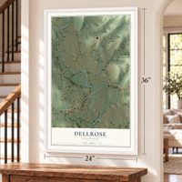 Dellrose, Tennessee map, 24 x 36 inch print in a white frame by a staircase