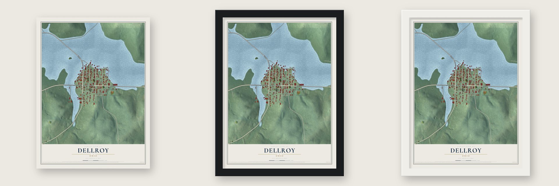 Dellroy, Ohio map unframed, in a black wood frame and in a white wood frame