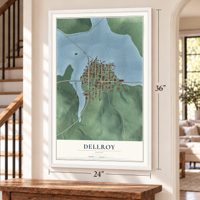 Dellroy, Ohio map, 24 x 36 inch print in a white frame by a staircase