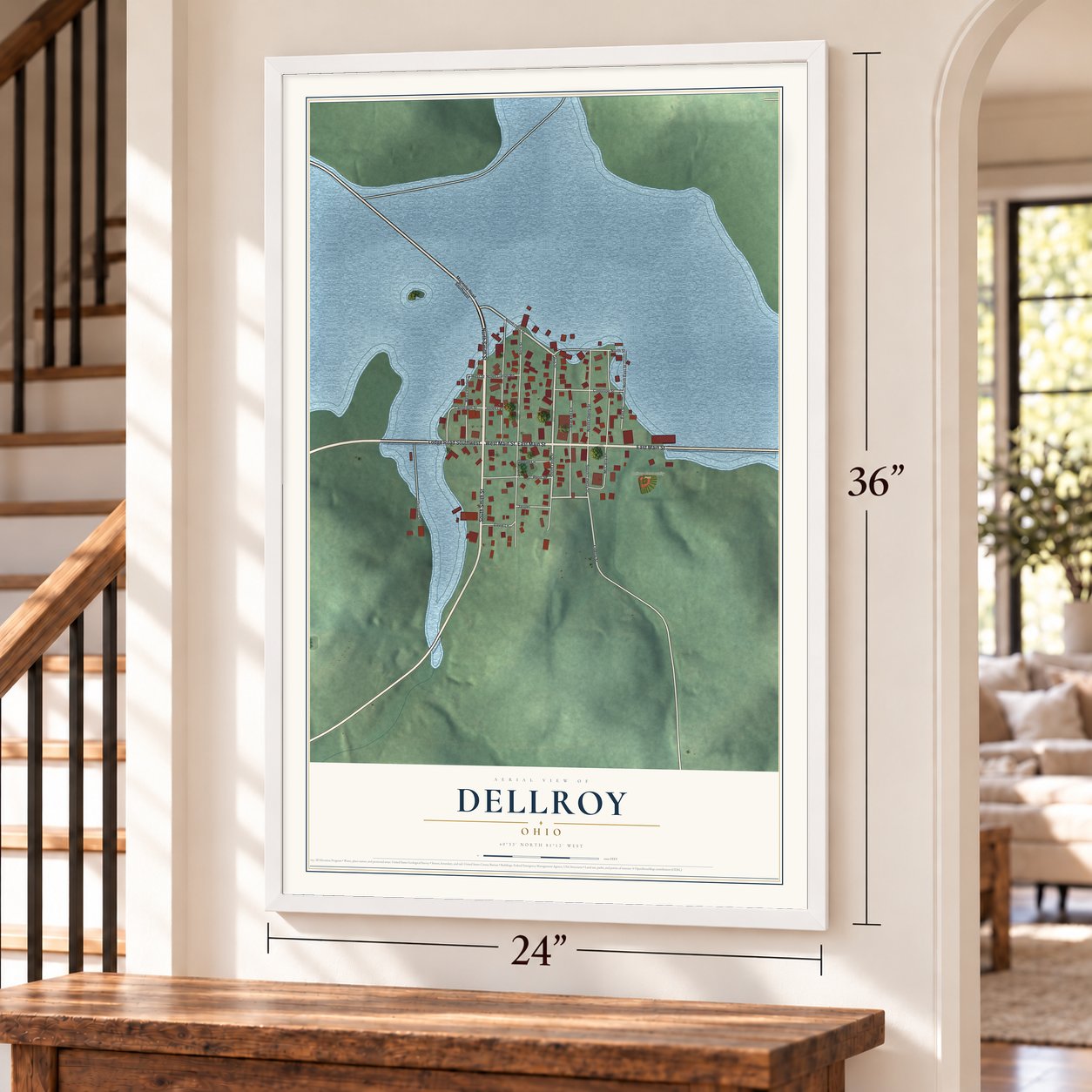 Dellroy, Ohio map, 24 x 36 inch print in a white frame by a staircase