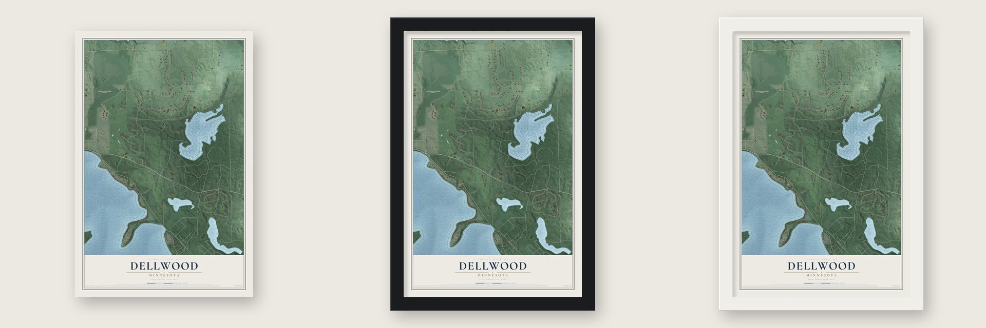 Dellwood, Minnesota map unframed, in a black wood frame and in a white wood frame