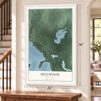 Dellwood, Minnesota map, 24 x 36 inch print in a white frame by a staircase