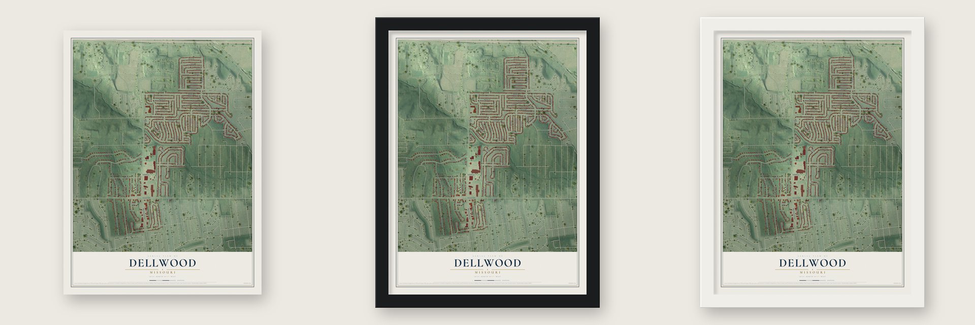 Dellwood, Missouri map unframed, in a black wood frame and in a white wood frame
