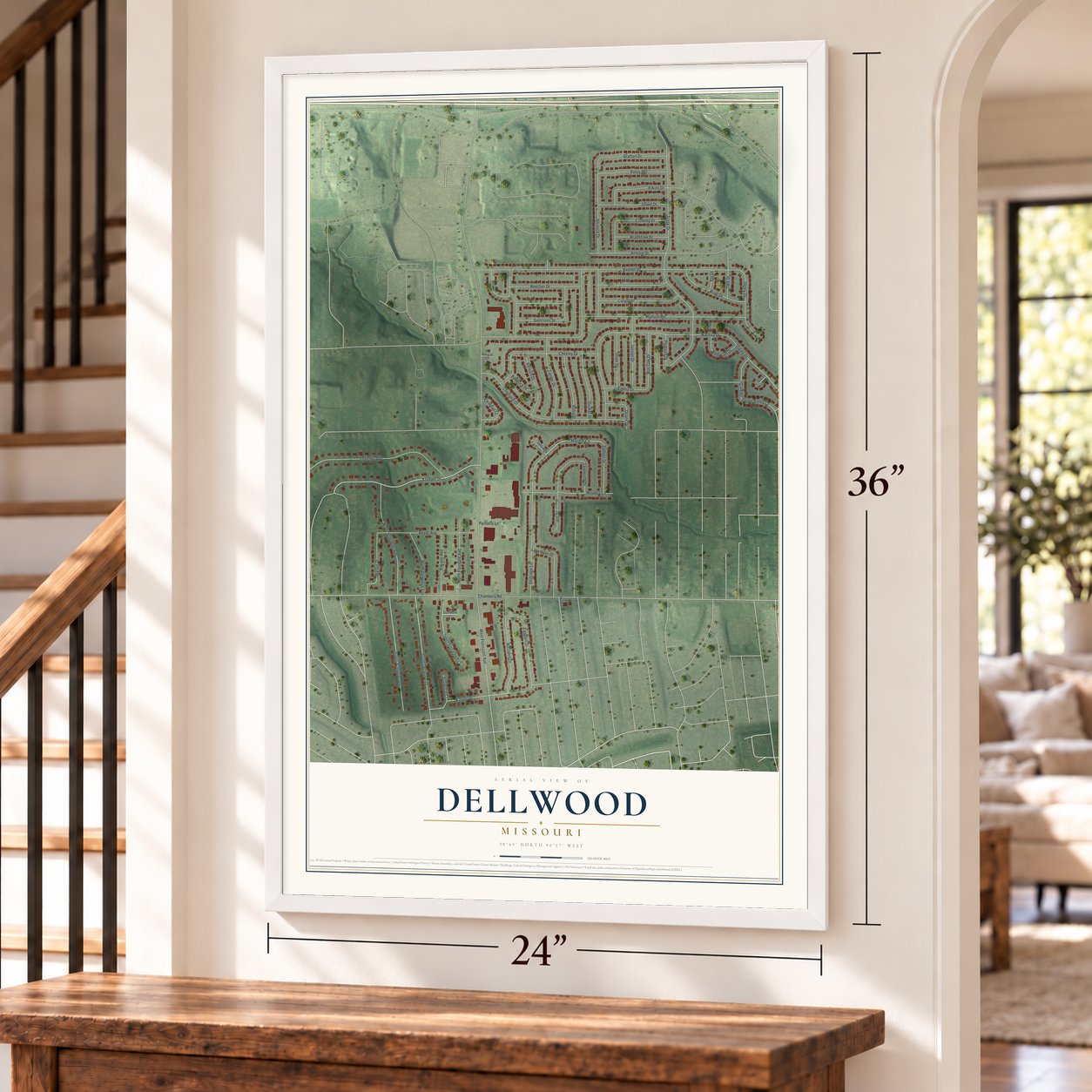 Dellwood, Missouri map, 24 x 36 inch print in a white frame by a staircase