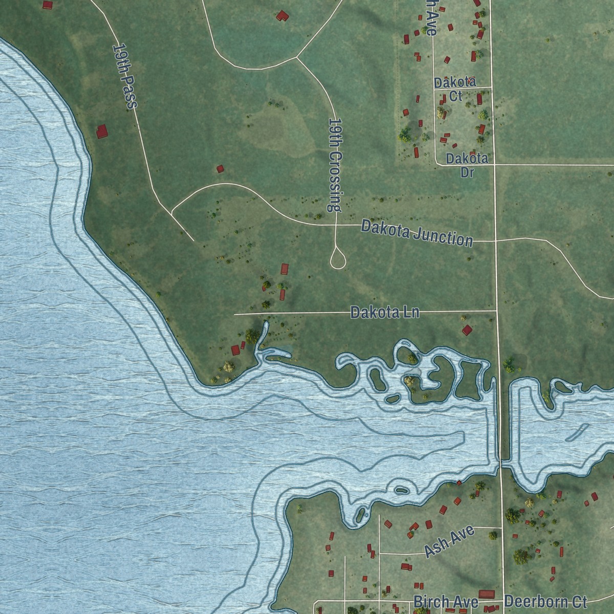 Second close-up of the map of Dellwood, Wisconsin print showing more streets and buildings