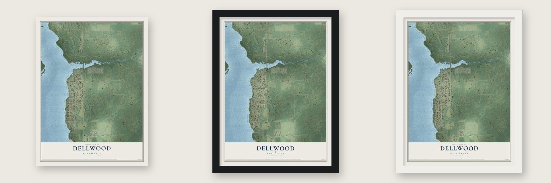 Dellwood, Wisconsin map unframed, in a black wood frame and in a white wood frame