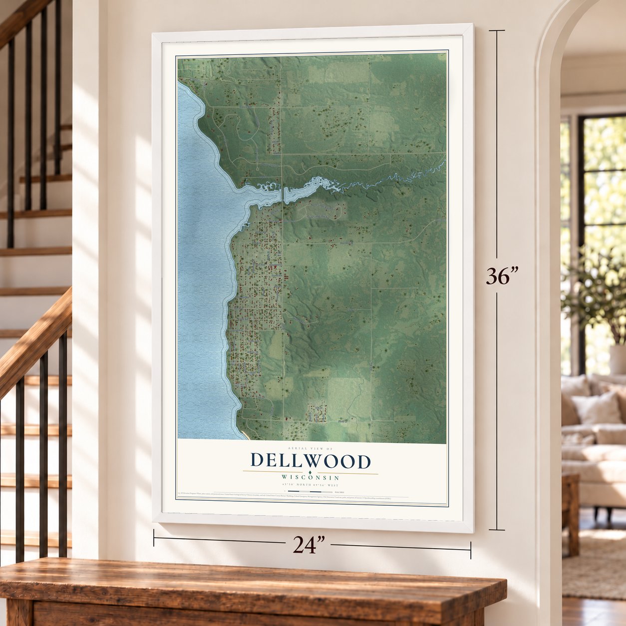 Dellwood, Wisconsin map, 24 x 36 inch print in a white frame by a staircase