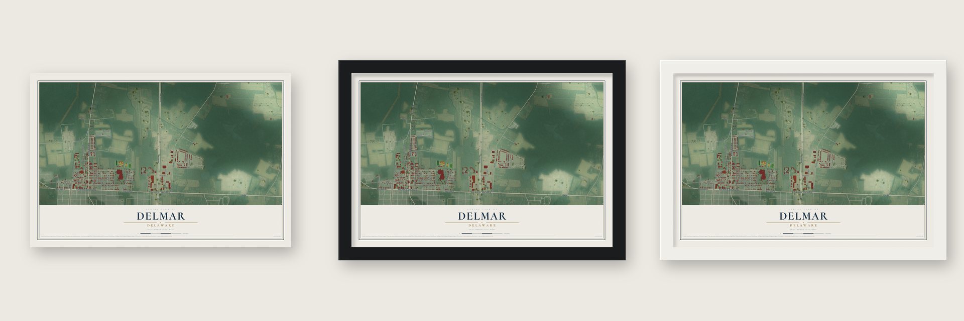 Delmar, Delaware map unframed, in a black wood frame and in a white wood frame
