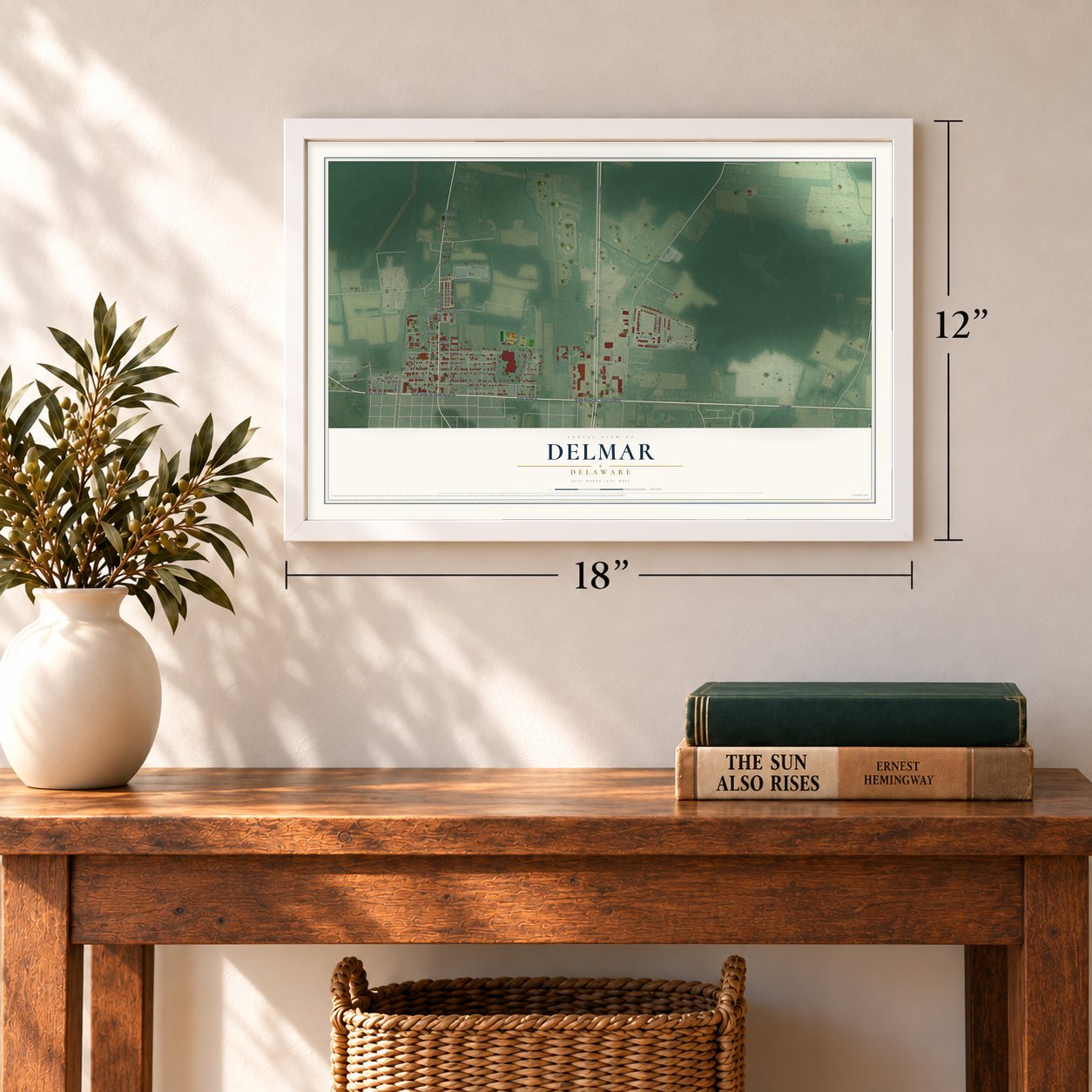Delmar, Delaware map, 12 x 18 inch print in a white frame in an entryway