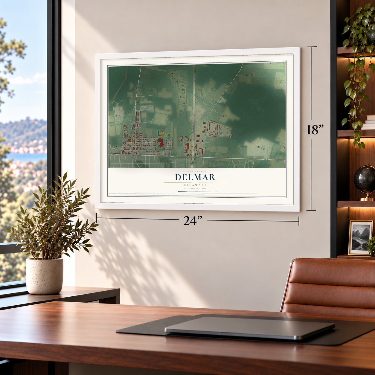 Delmar, Delaware map, 18 x 24 inch print in a white frame in a home office