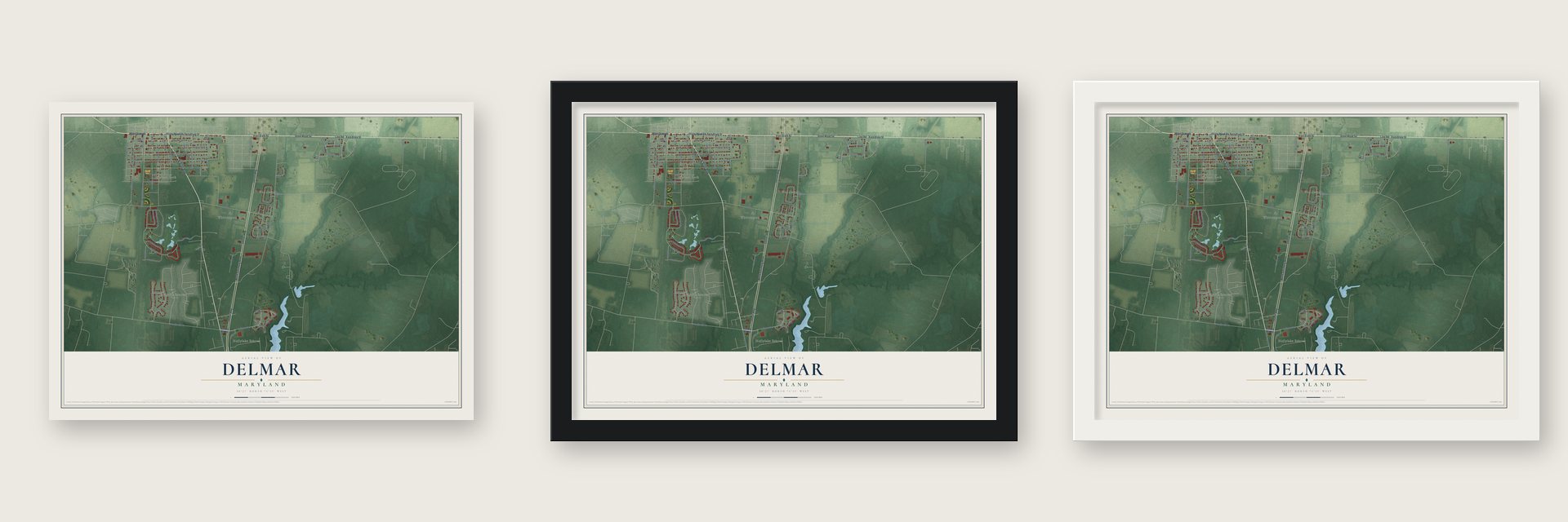 Delmar, Maryland map unframed, in a black wood frame and in a white wood frame