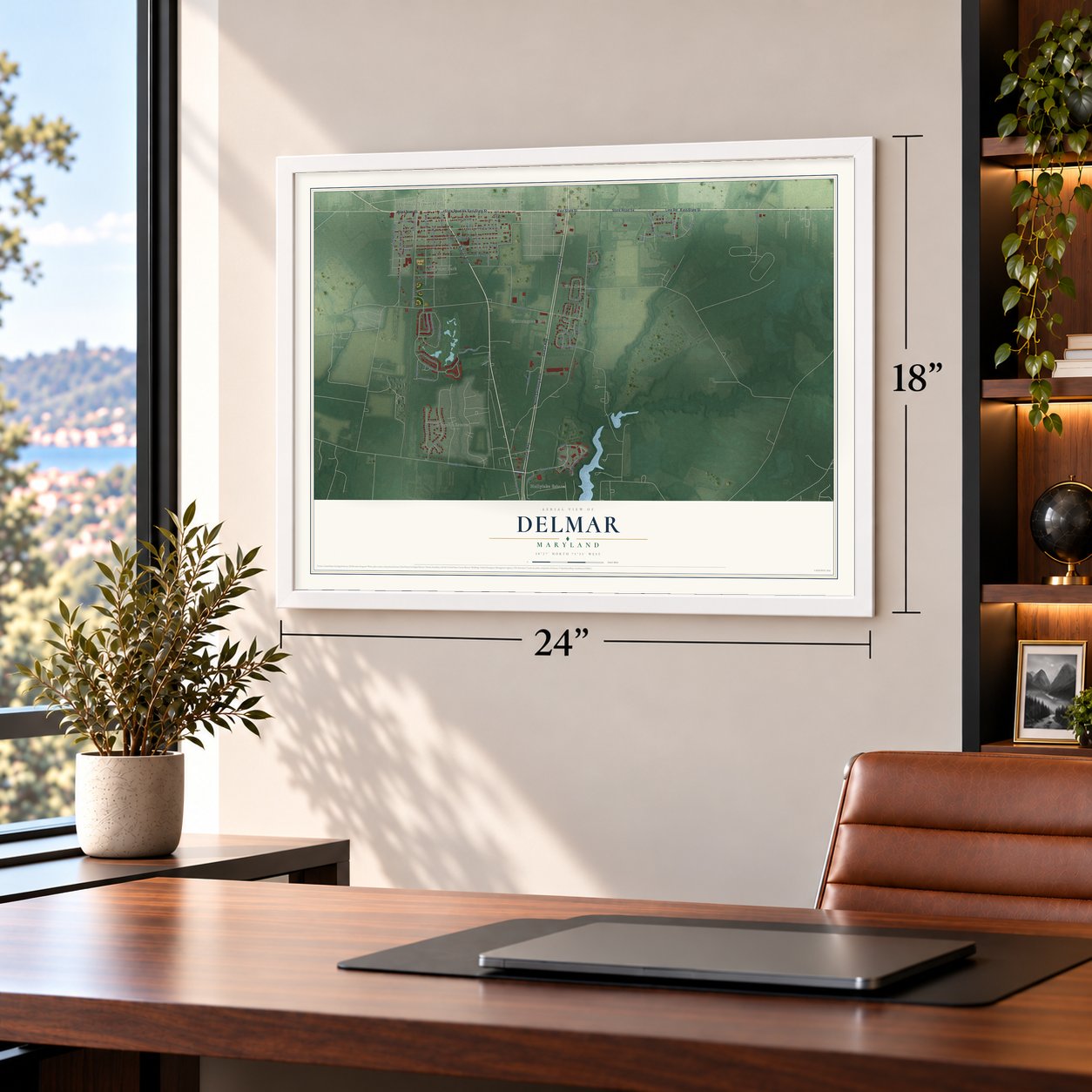 Delmar, Maryland map, 18 x 24 inch print in a white frame in a home office