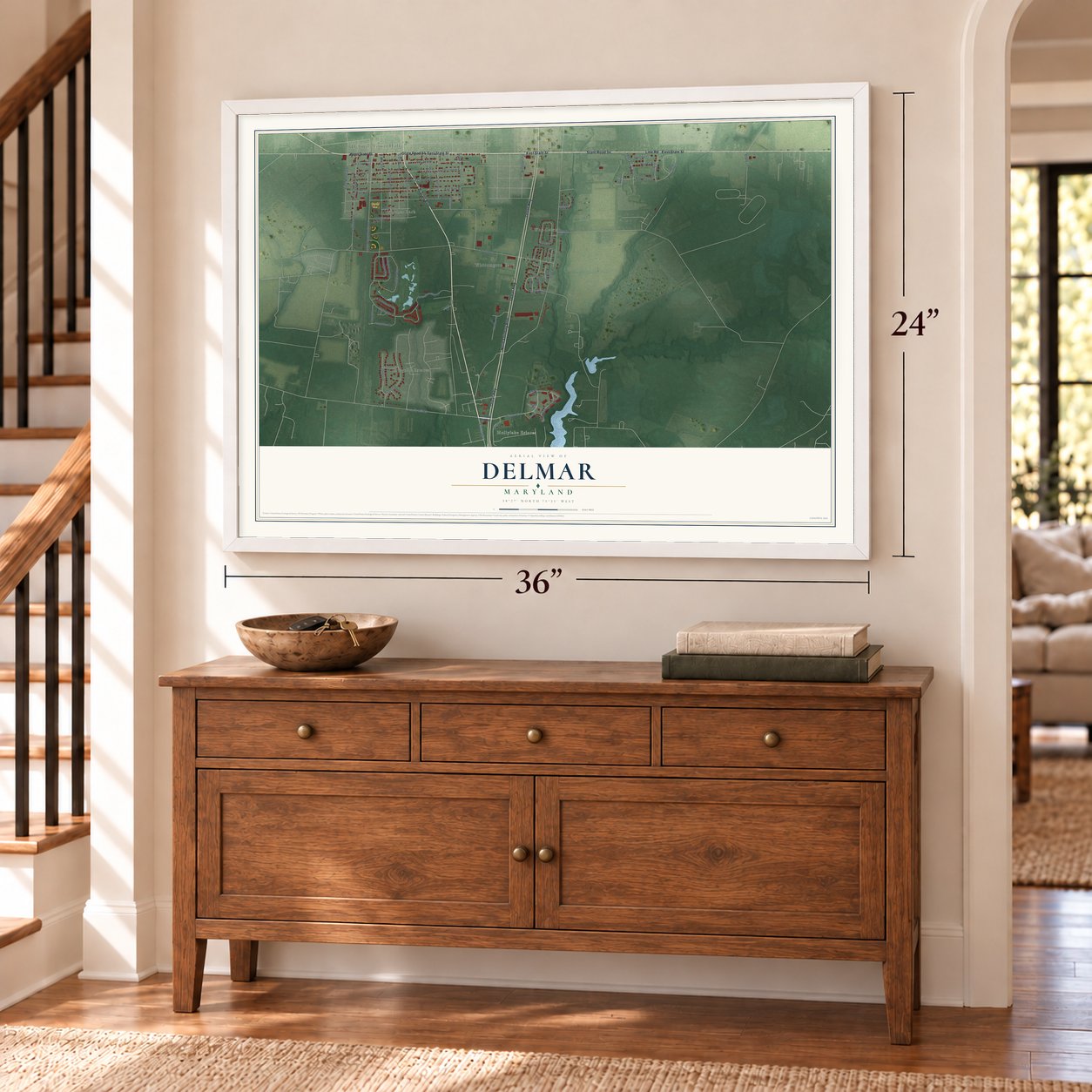 Delmar, Maryland map, 24 x 36 inch print in a white frame above a dresser by a staircase