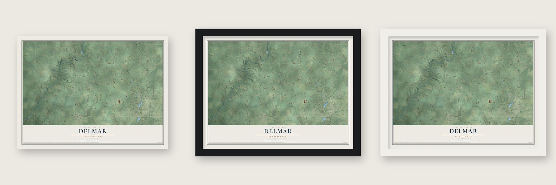 Delmar, Wisconsin map unframed, in a black wood frame and in a white wood frame