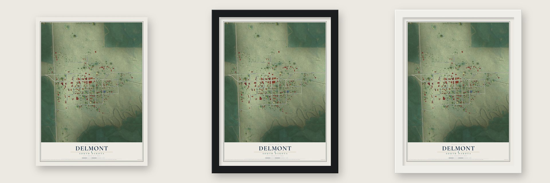 Delmont, South Dakota map unframed, in a black wood frame and in a white wood frame