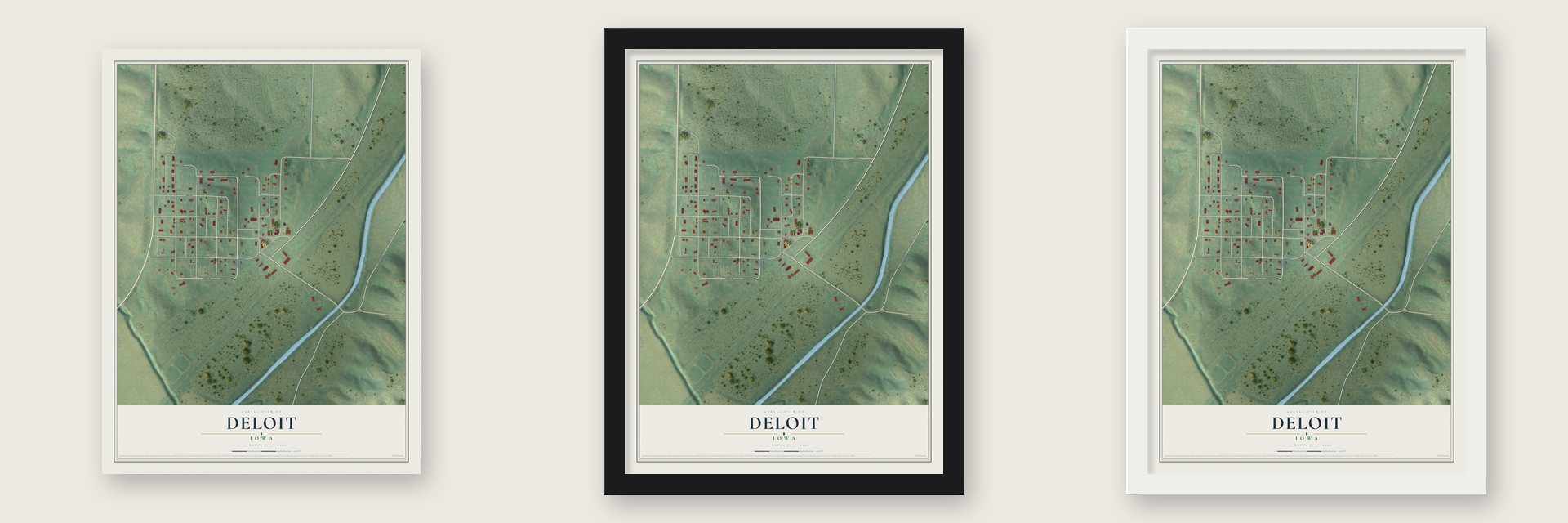 Deloit, Iowa map unframed, in a black wood frame and in a white wood frame