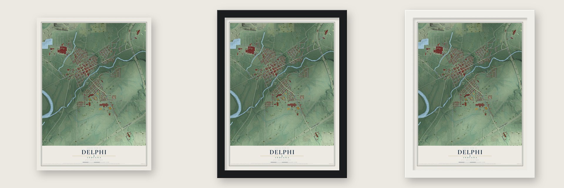Delphi, Indiana map unframed, in a black wood frame and in a white wood frame