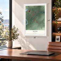 Delphi, Indiana map, 18 x 24 inch print in a white frame in a home office