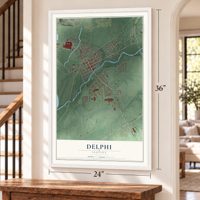 Delphi, Indiana map, 24 x 36 inch print in a white frame by a staircase