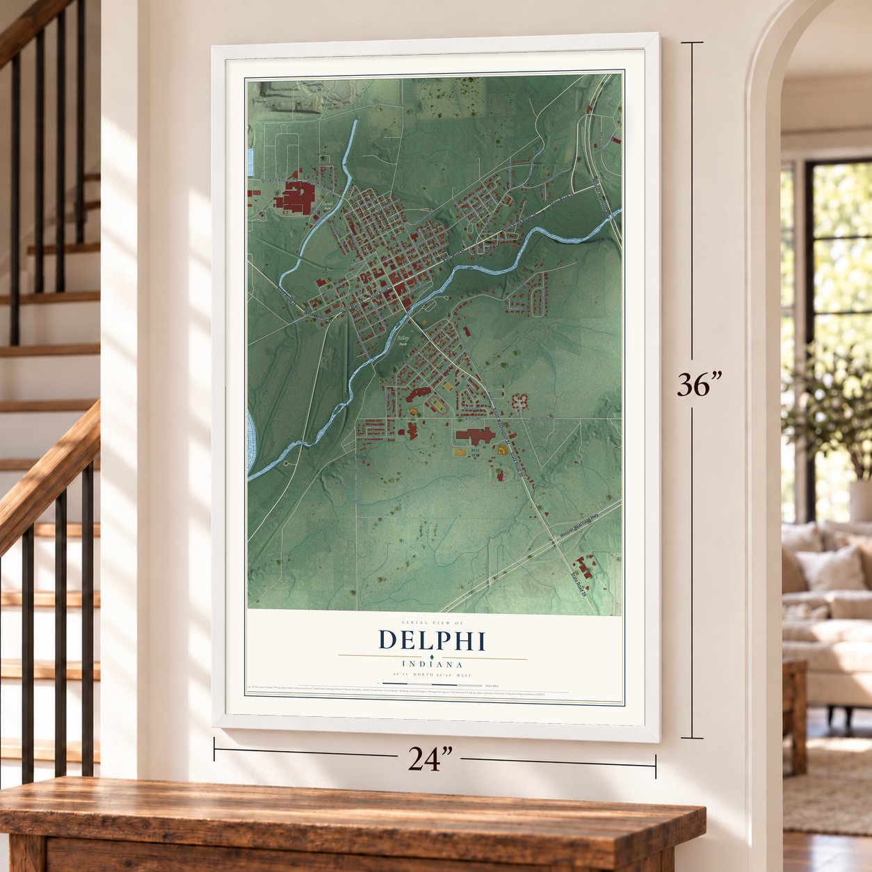 Delphi, Indiana map, 24 x 36 inch print in a white frame by a staircase