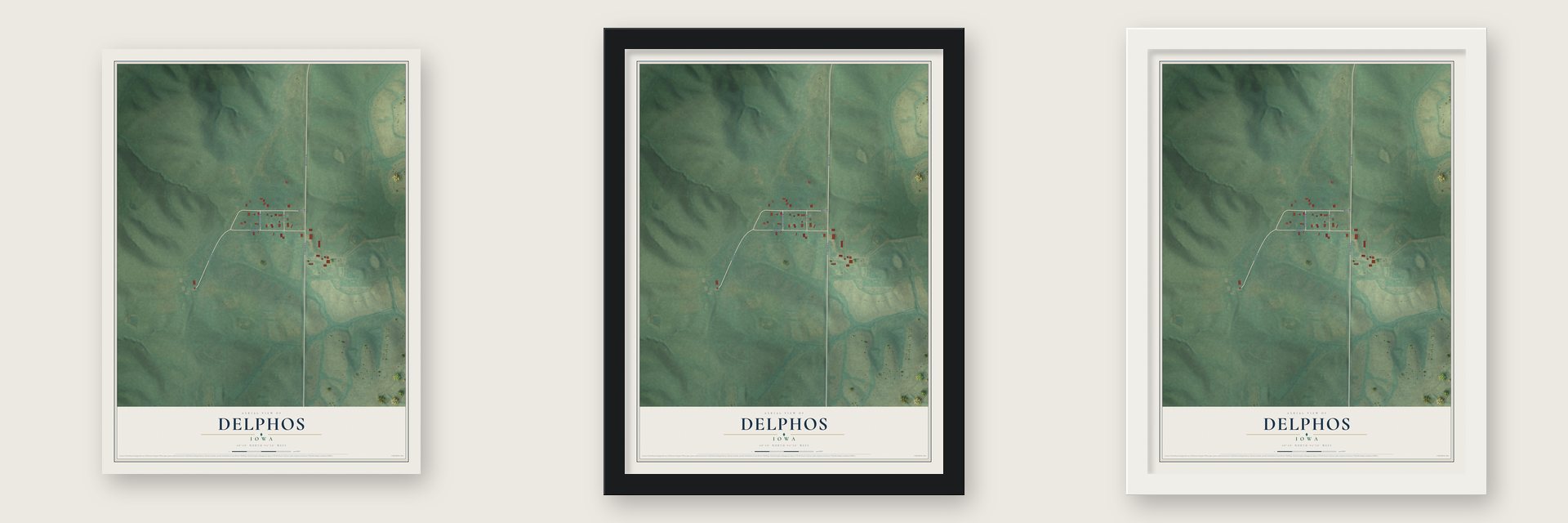 Delphos, Iowa map unframed, in a black wood frame and in a white wood frame
