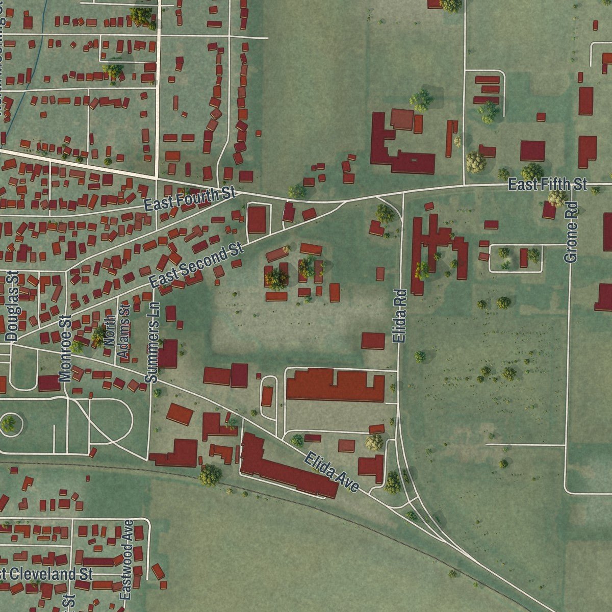 Second close-up of the map of Delphos, Ohio print showing more streets and buildings