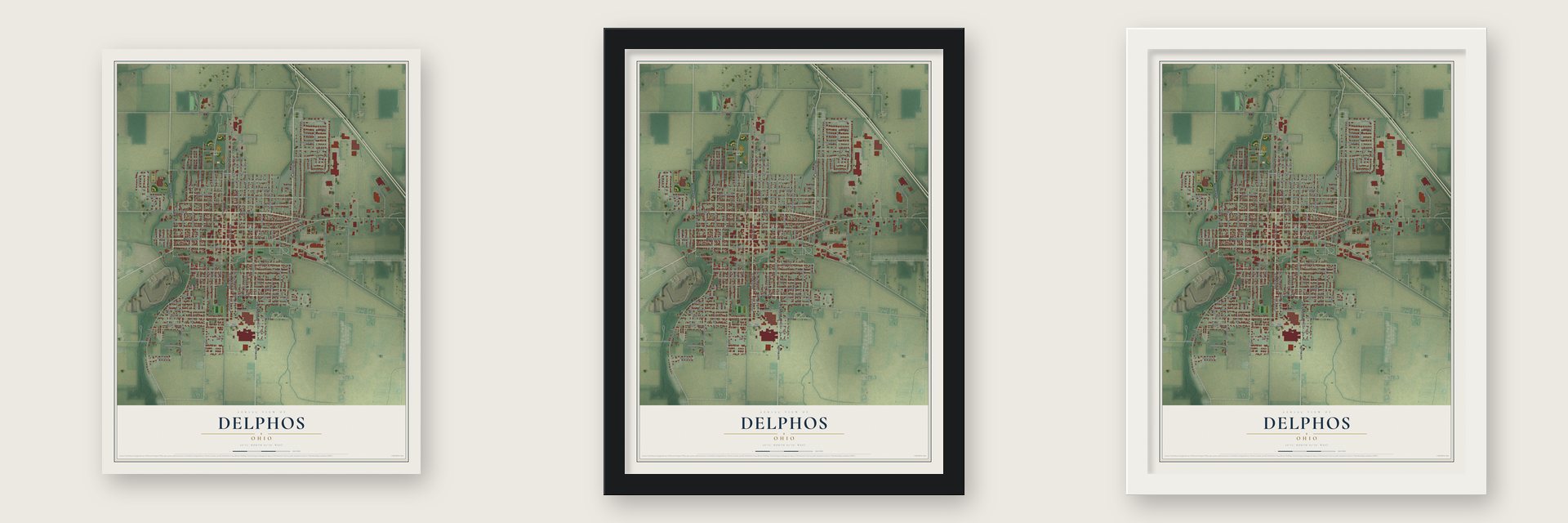 Delphos, Ohio map unframed, in a black wood frame and in a white wood frame