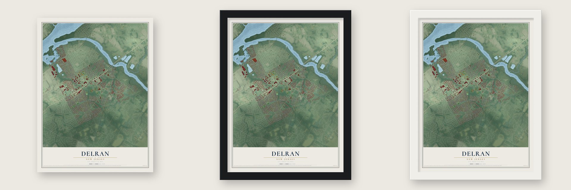 Delran, New Jersey map unframed, in a black wood frame and in a white wood frame