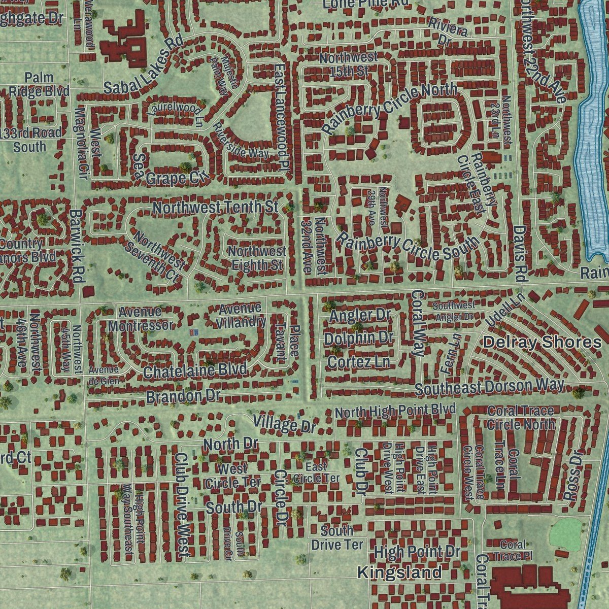 Second close-up of the map of Delray Beach, Florida print showing more streets and buildings