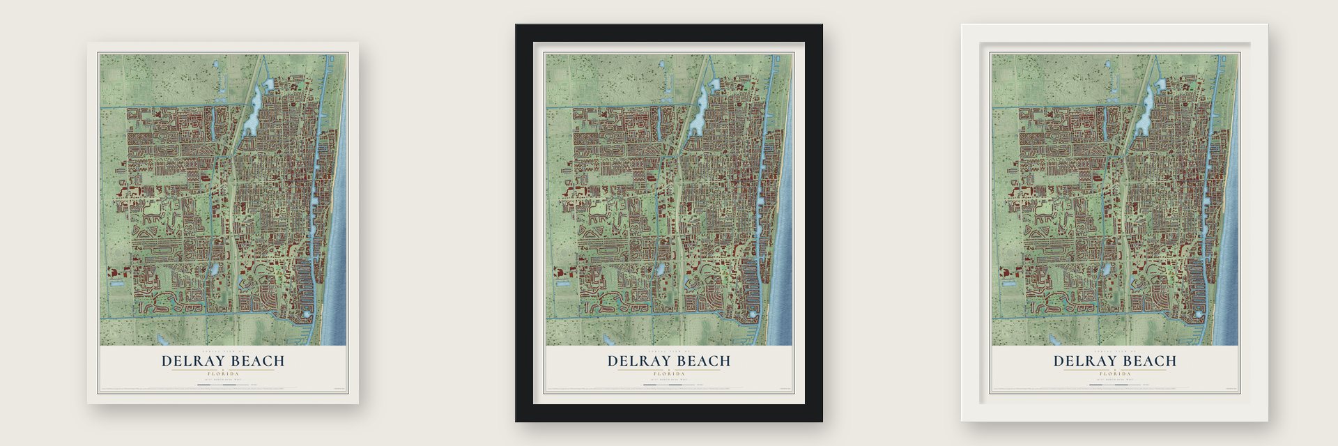 Delray Beach, Florida map unframed, in a black wood frame and in a white wood frame