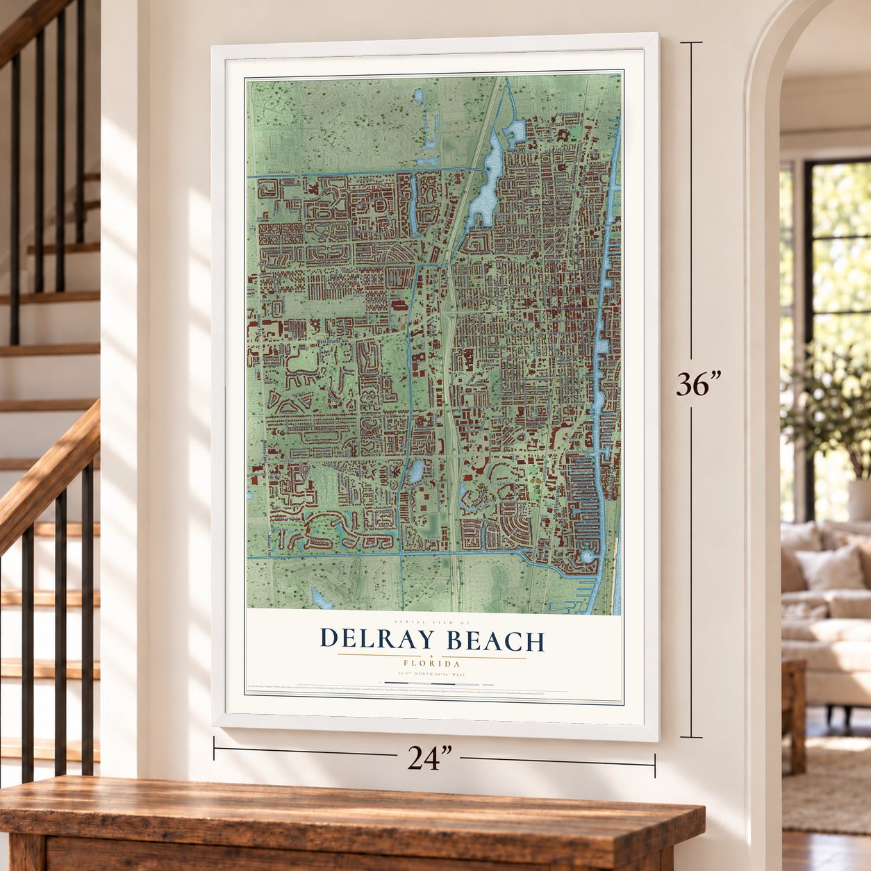 Delray Beach, Florida map, 24 x 36 inch print in a white frame by a staircase