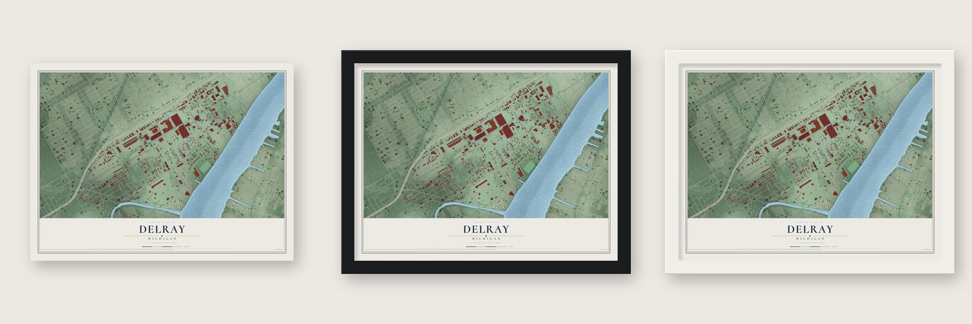 Delray, Michigan map unframed, in a black wood frame and in a white wood frame