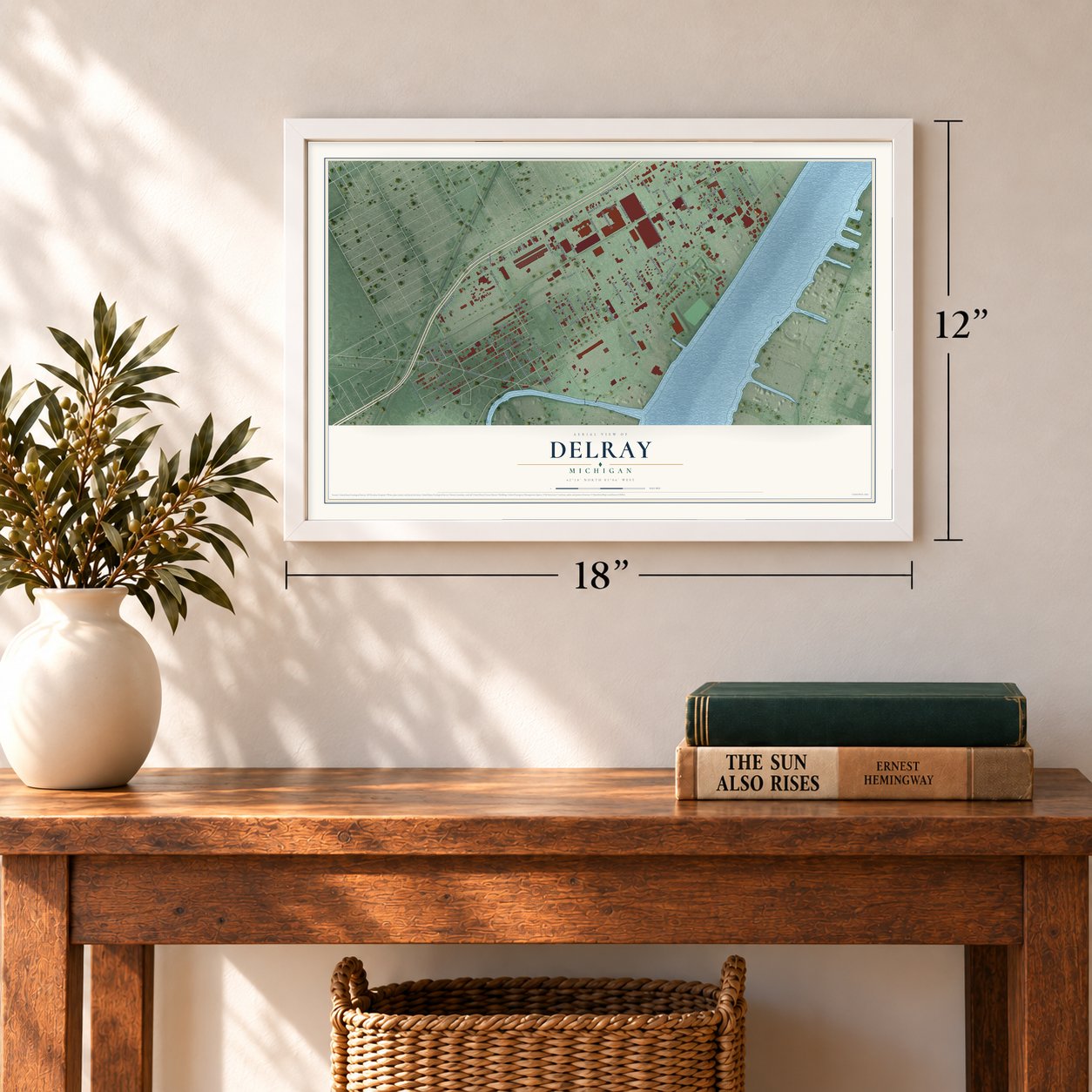 Delray, Michigan map, 12 x 18 inch print in a white frame in an entryway