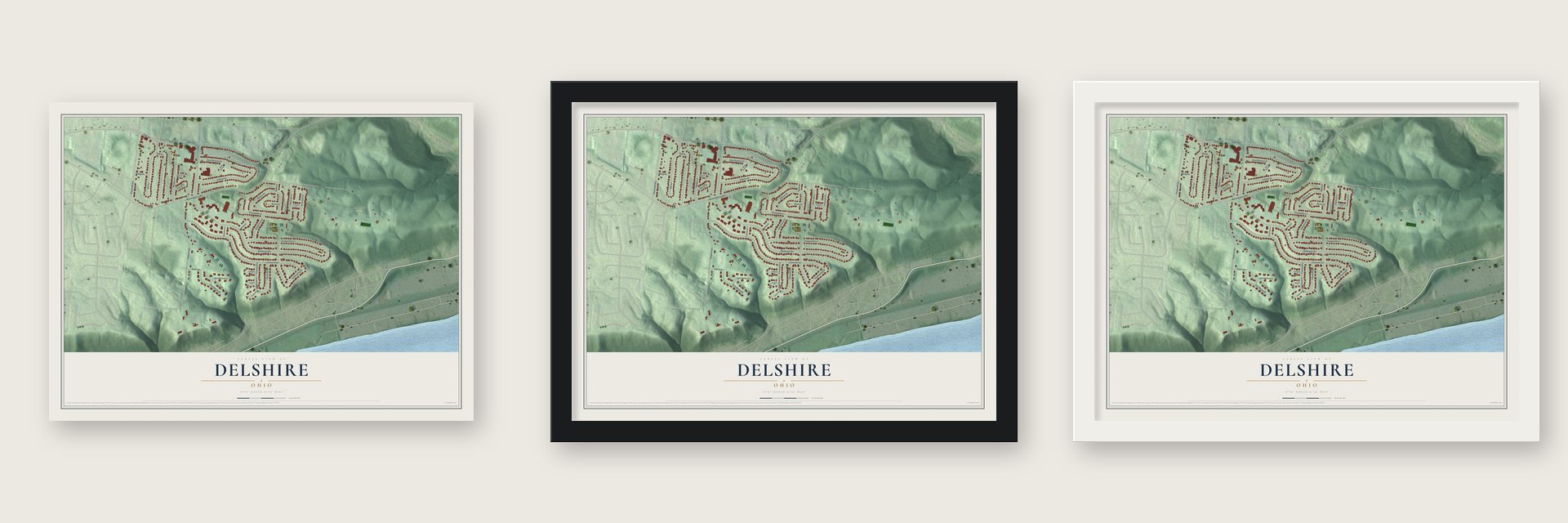 Delshire, Ohio map unframed, in a black wood frame and in a white wood frame