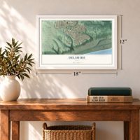 Delshire, Ohio map, 12 x 18 inch print in a white frame in an entryway