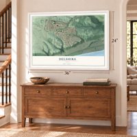 Delshire, Ohio map, 24 x 36 inch print in a white frame above a dresser by a staircase